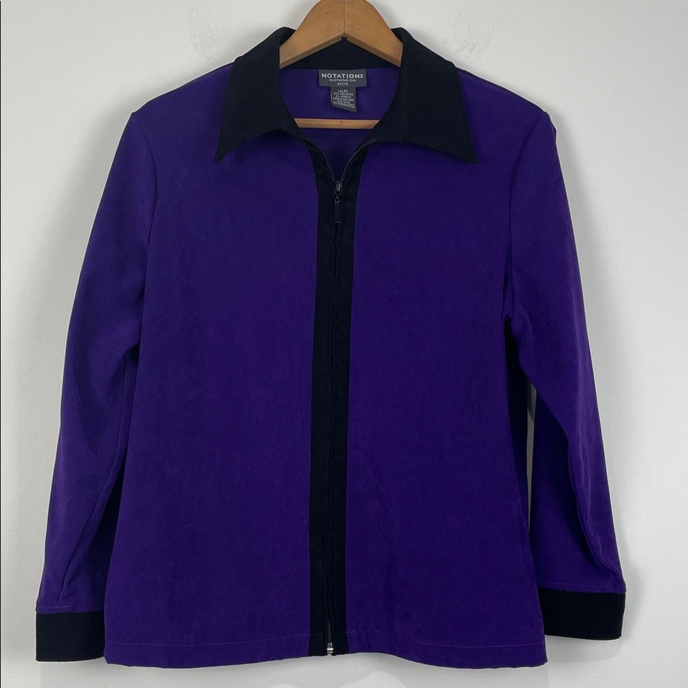 Notations Women’s Petite Large Zipper Front Blazer Purple Black Faux Suede